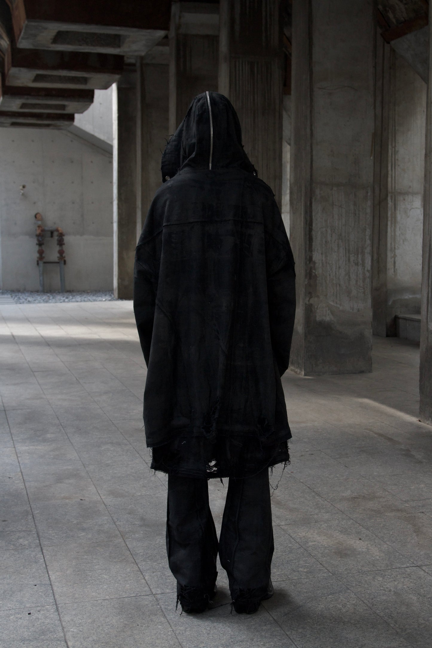 PĮÈGE- WAXED COATED DENIM HOODED PARKA -BLACK