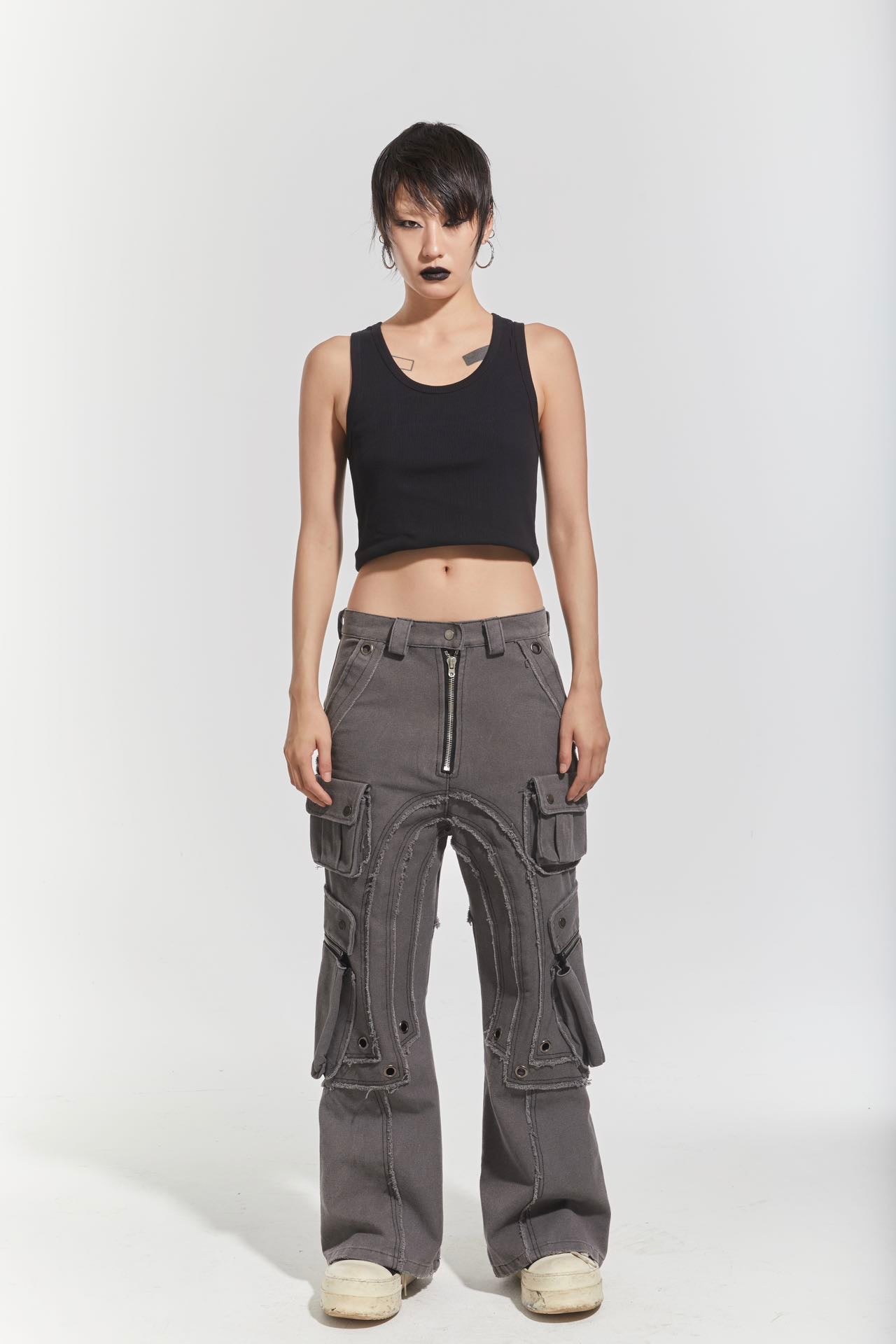 CHP-1 006 WASHED GREY MULTI-POCKET FLARED CARGO PANTS