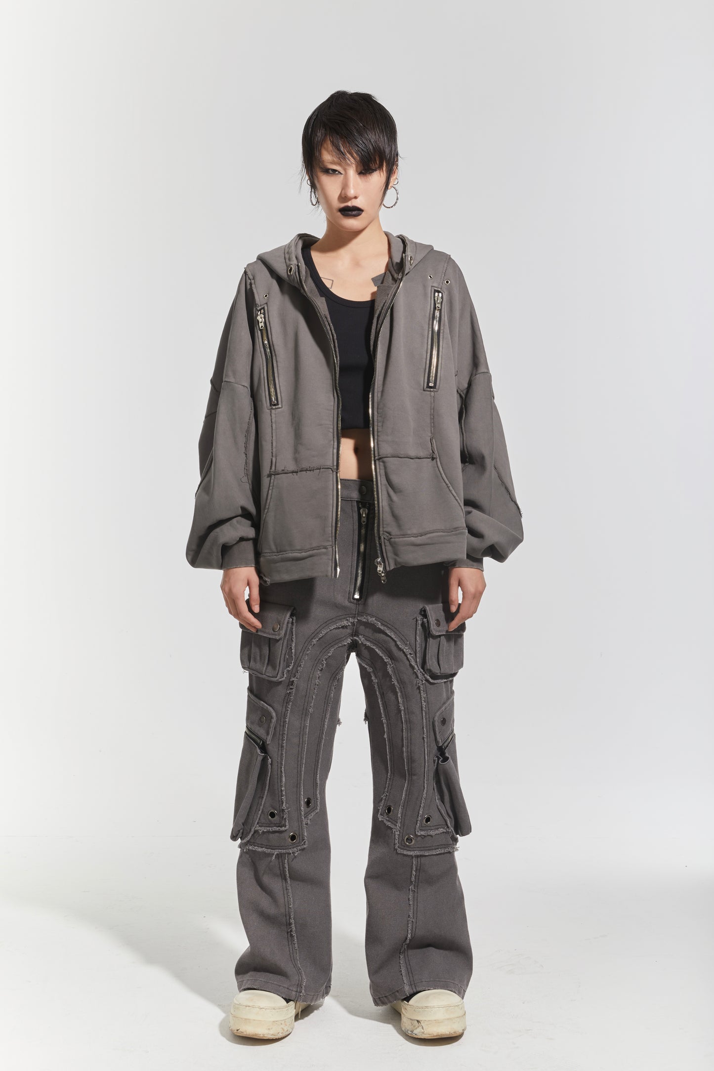 CHP-1 002 'WAVY' WASHED GREY OVERSIZED ZIP UP HOODIE