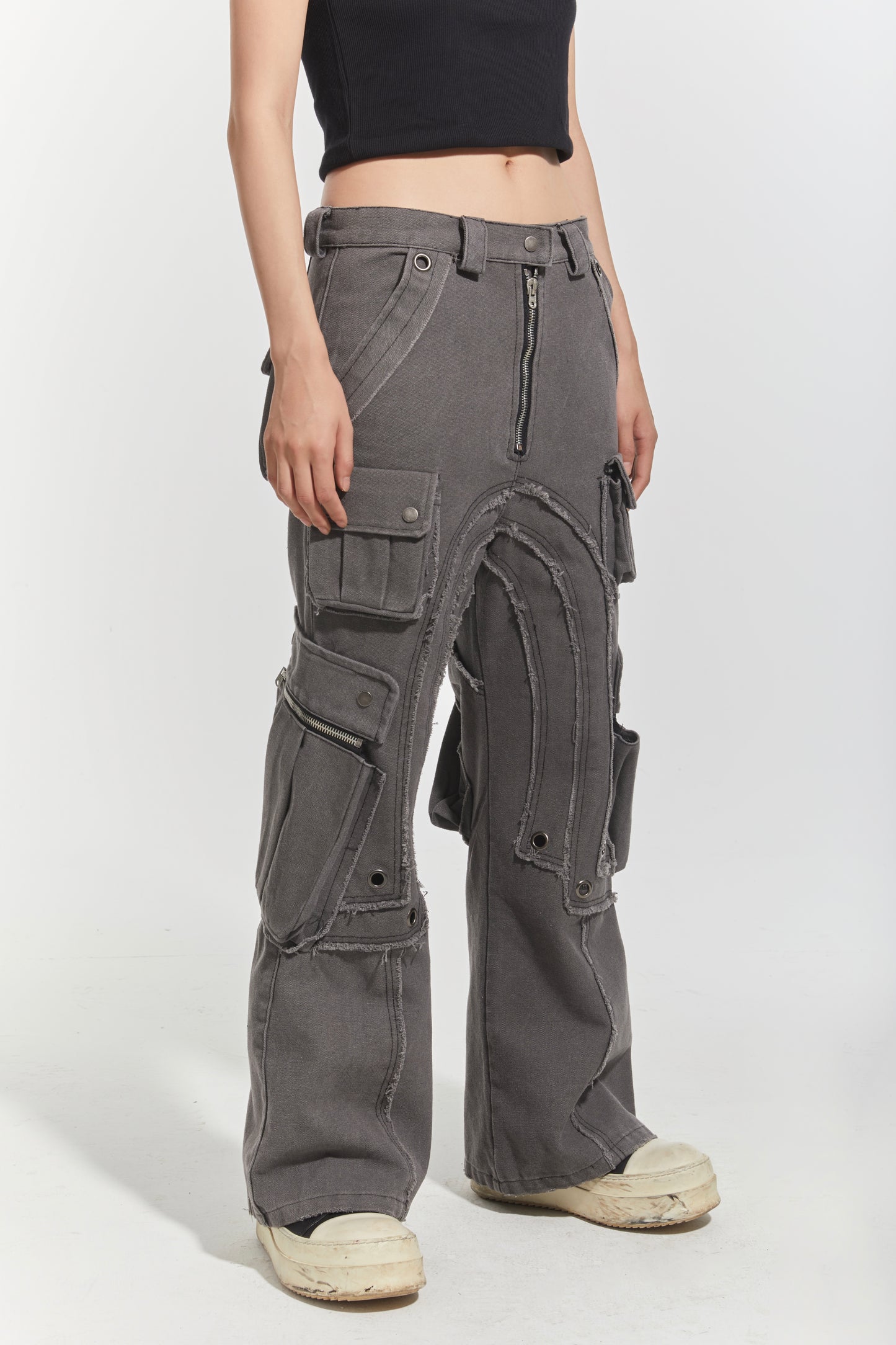 CHP-1 006 WASHED GREY MULTI-POCKET FLARED CARGO PANTS