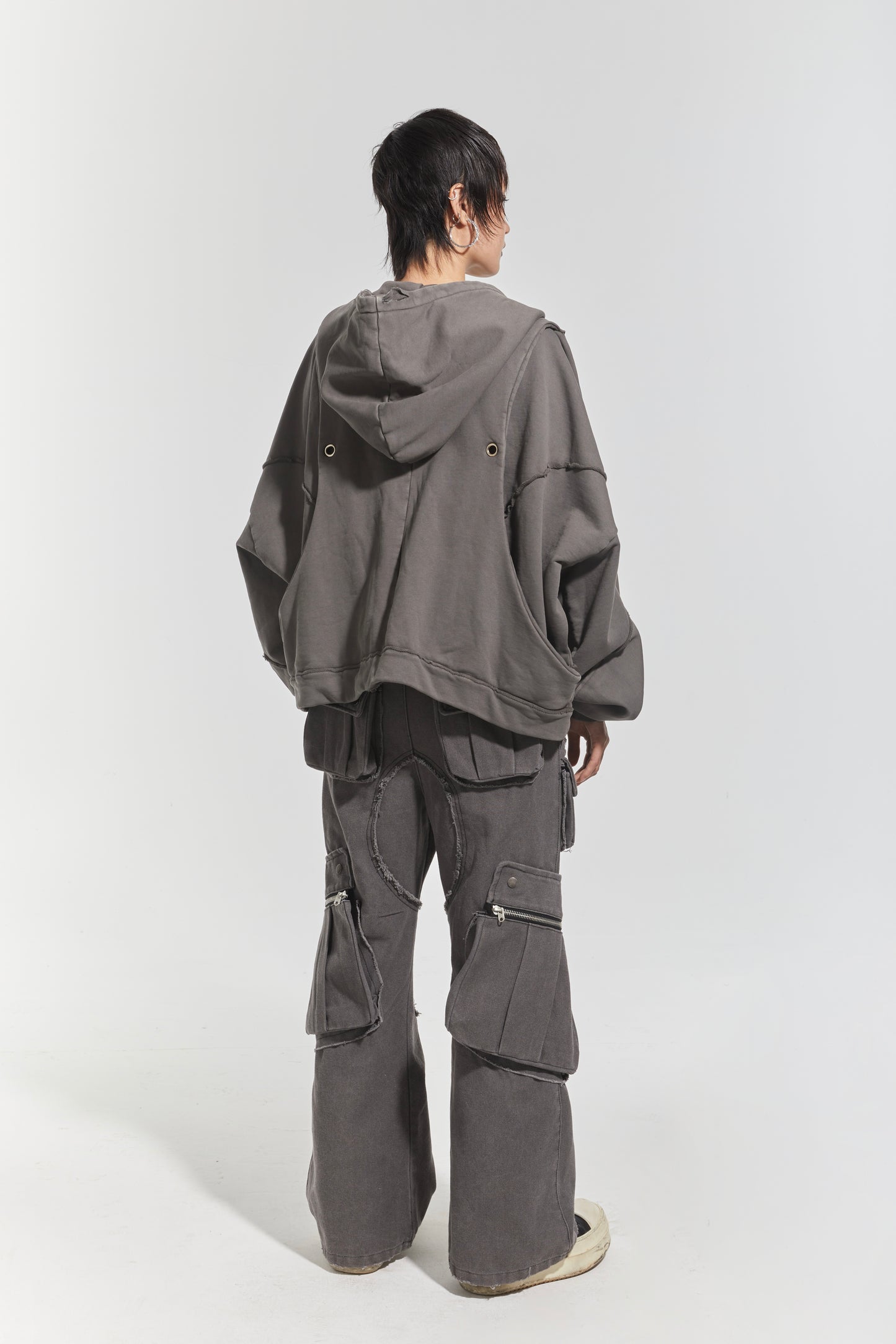 CHP-1 006 WASHED GREY MULTI-POCKET FLARED CARGO PANTS