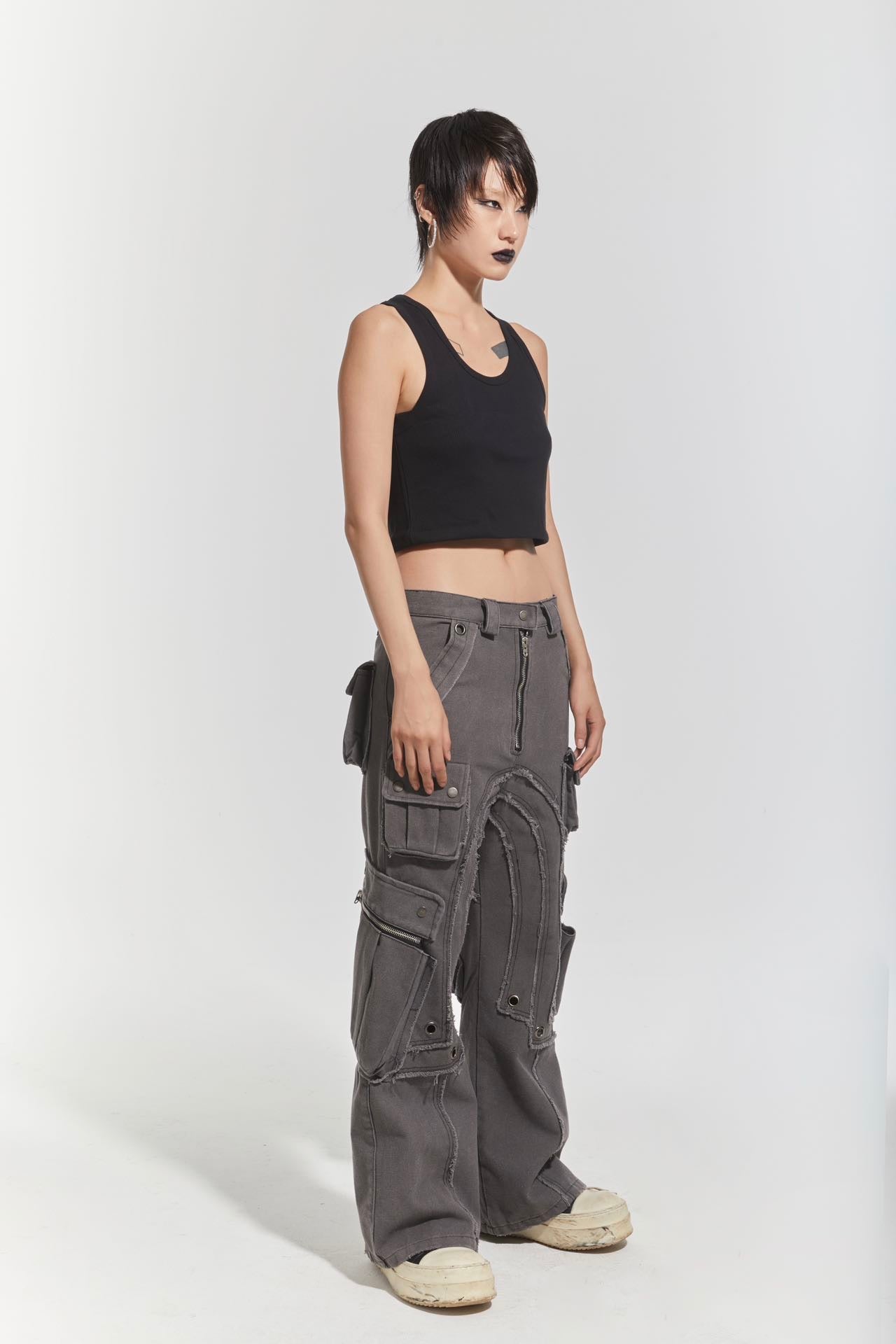 CHP-1 006 WASHED GREY MULTI-POCKET FLARED CARGO PANTS