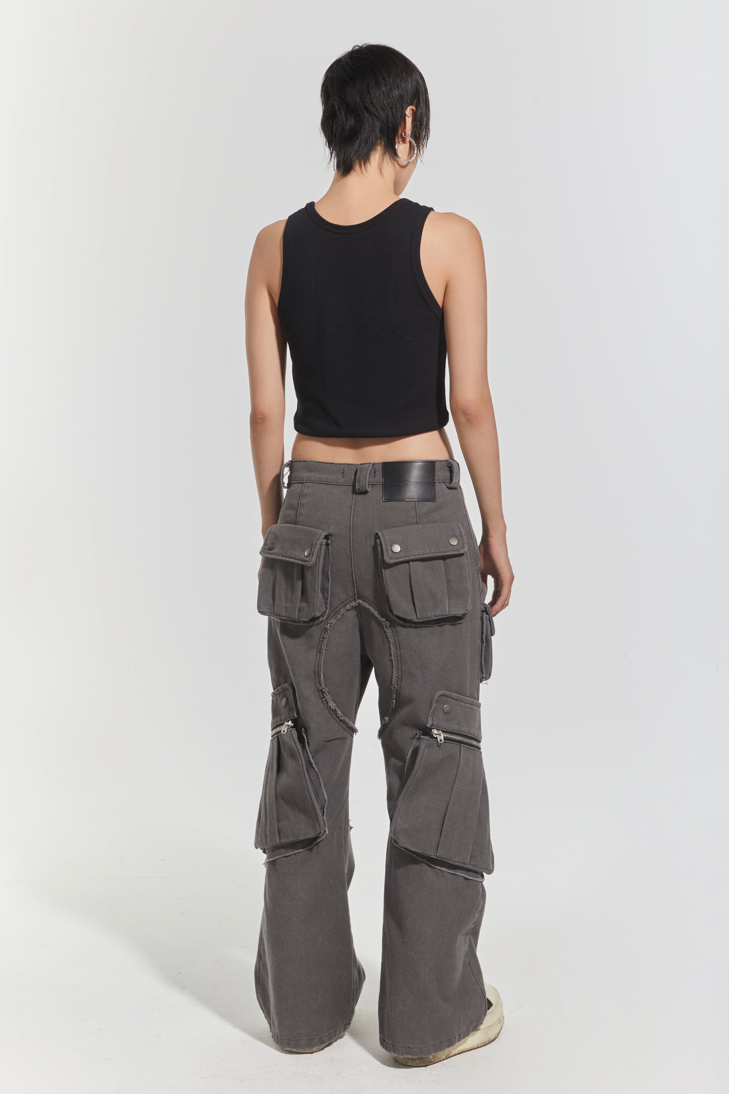 CHP-1 006 WASHED GREY MULTI-POCKET FLARED CARGO PANTS