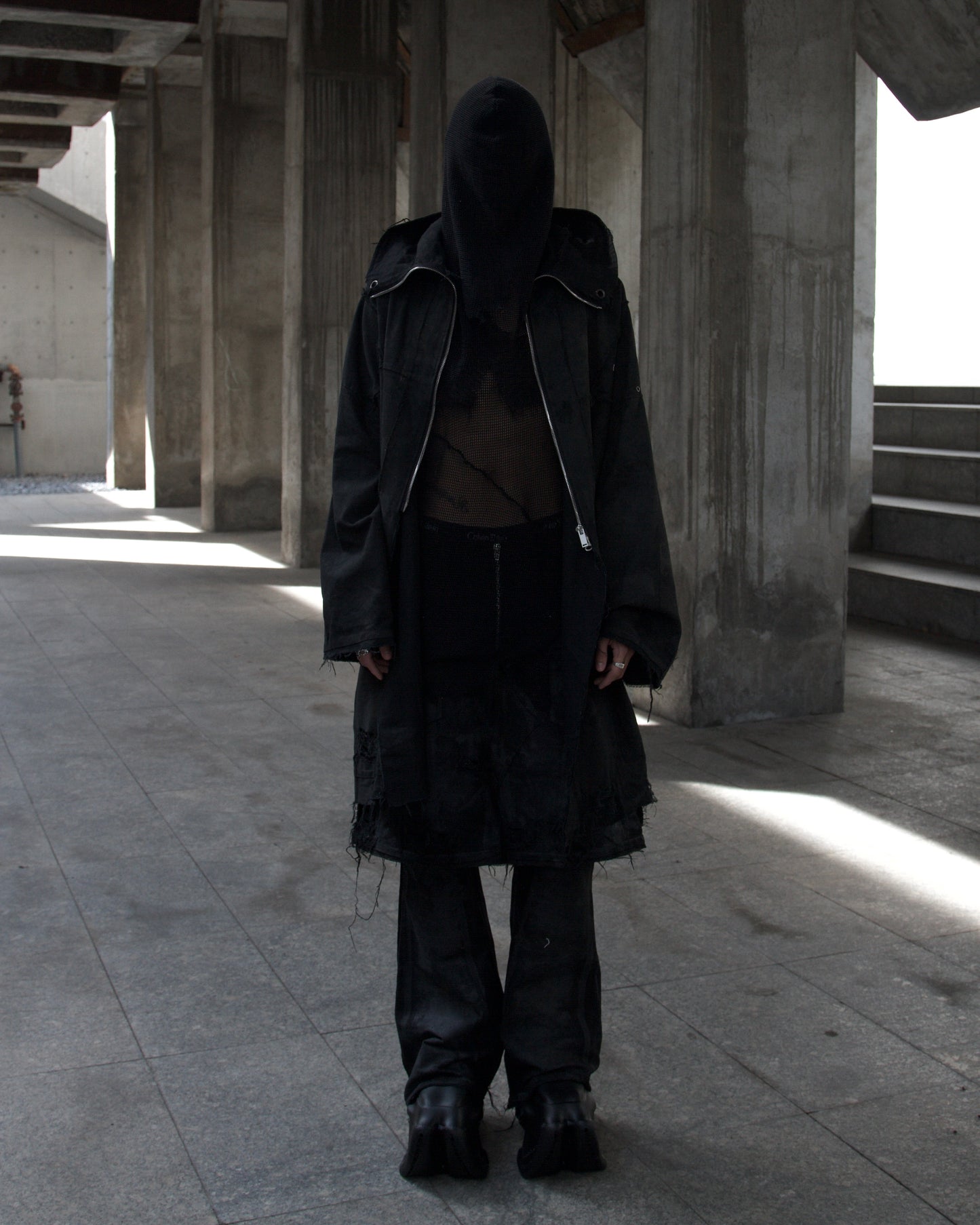 PĮÈGE- WAXED COATED DENIM HOODED PARKA -BLACK