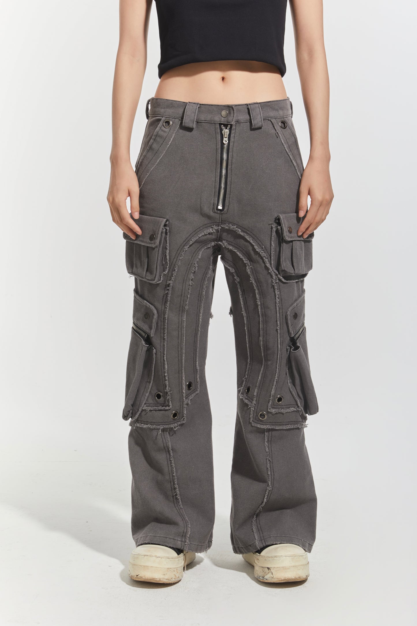 CHP-1 006 WASHED GREY MULTI-POCKET FLARED CARGO PANTS
