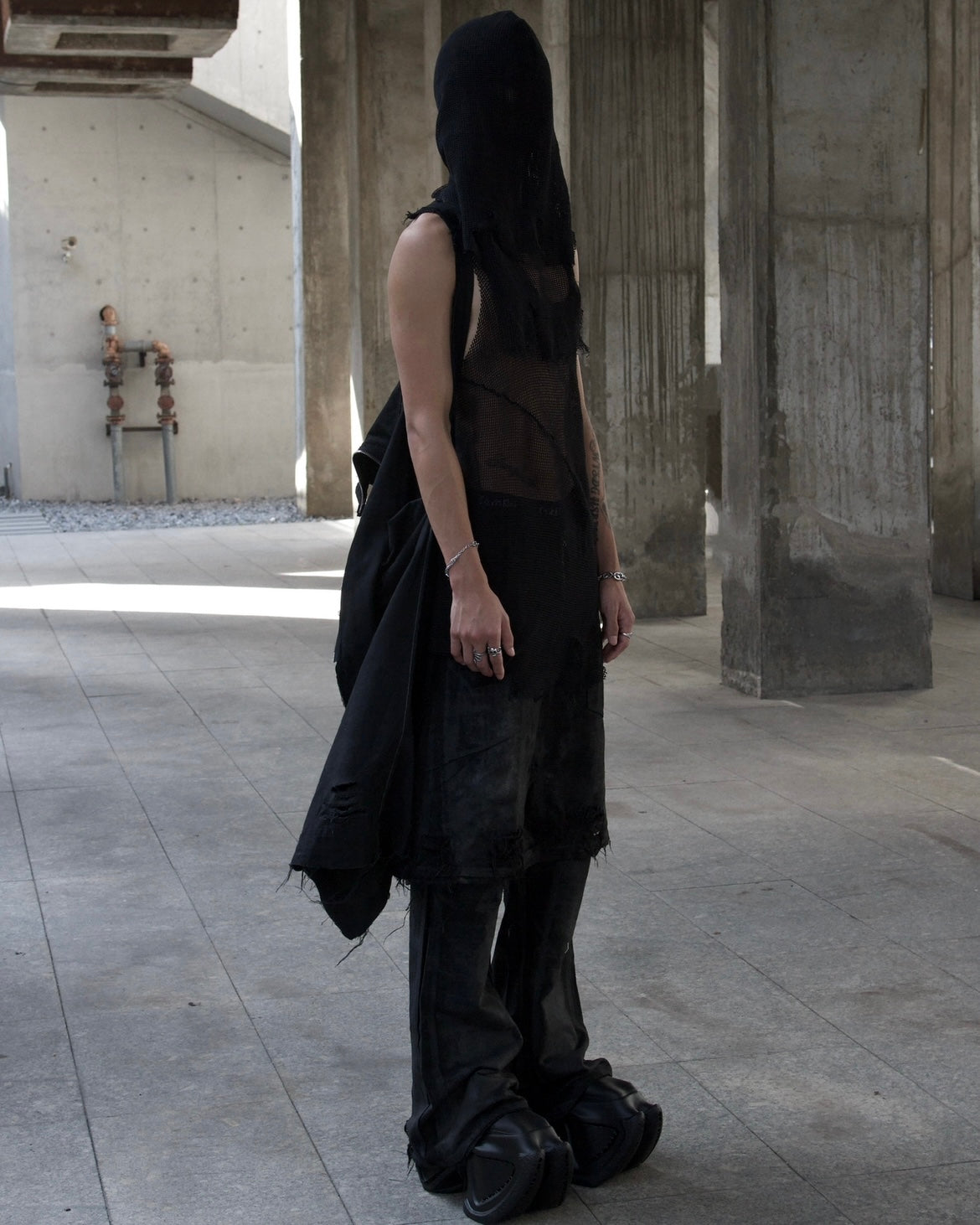 PRENEX - WAXED COATED DOUBLÉ DENIM SKIRT PANTS-BLACK