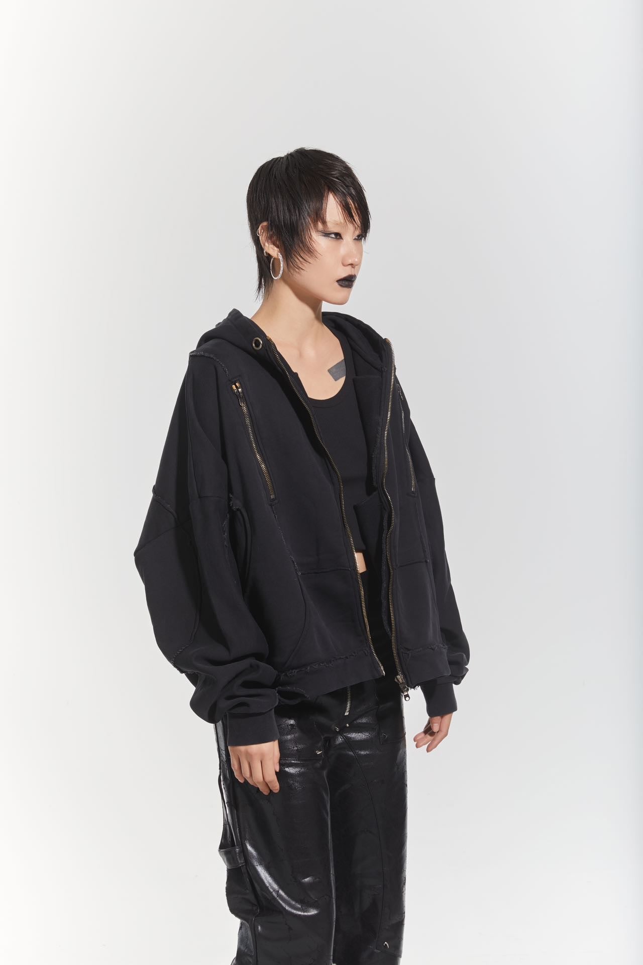 CHP-1 001 'WAVY' WASHED BLACK OVERSIZED ZIP UP HOODIE