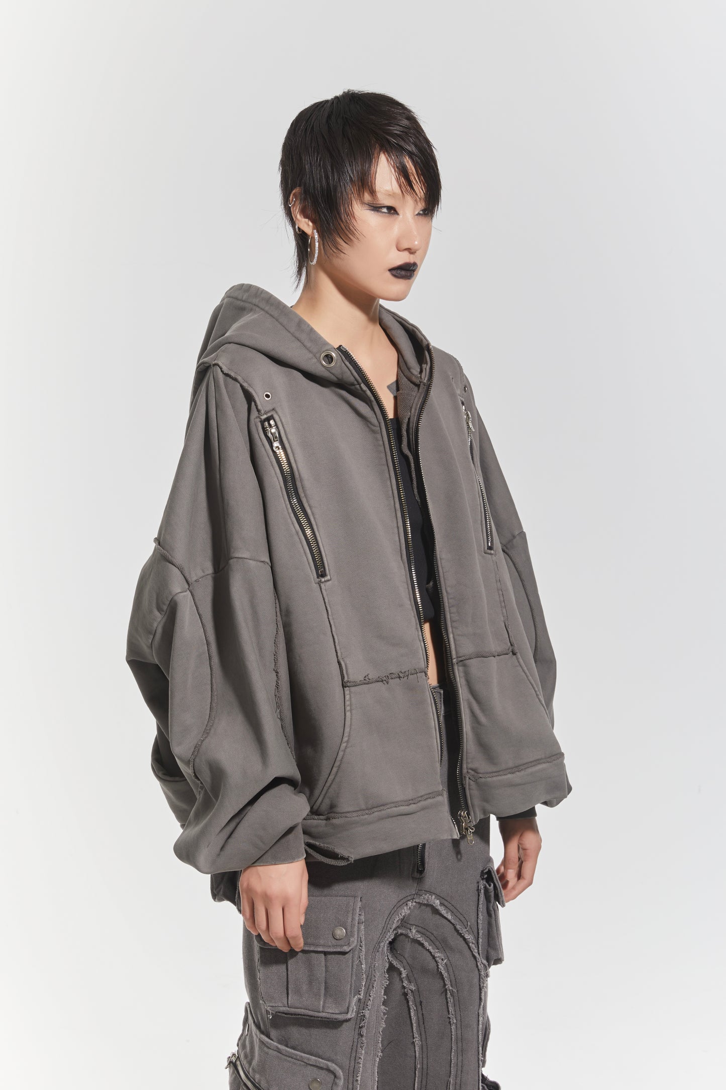 CHP-1 002 'WAVY' WASHED GREY OVERSIZED ZIP UP HOODIE