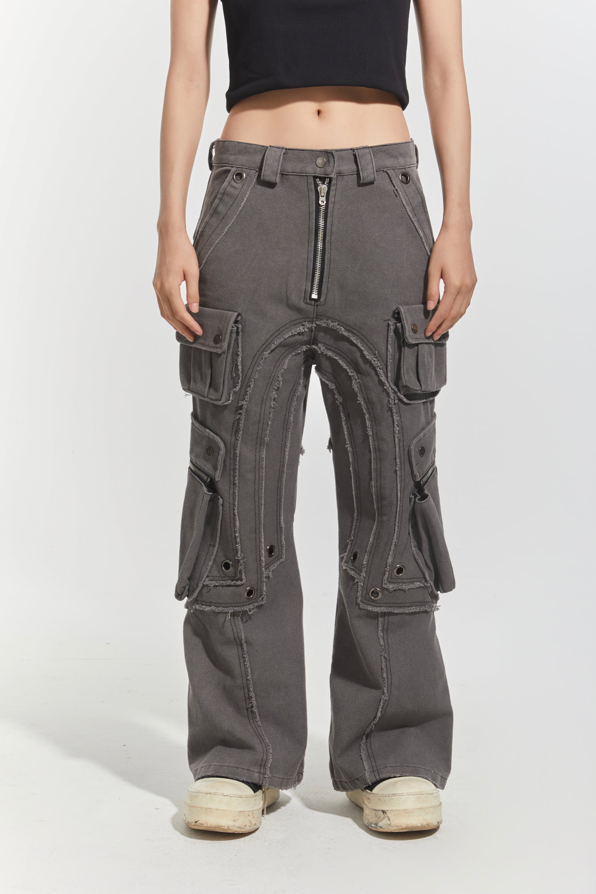 CHP-1 006 WASHED GREY MULTI-POCKET FLARED CARGO PANTS – ERIC CRÉER